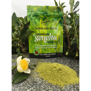 Foil Satchel of Pure Green Tea Powder with the backdrop tea plants. In front of the foil satchel is a sample the finely ground green tea powder with a camellia flower on a granite flat stone.